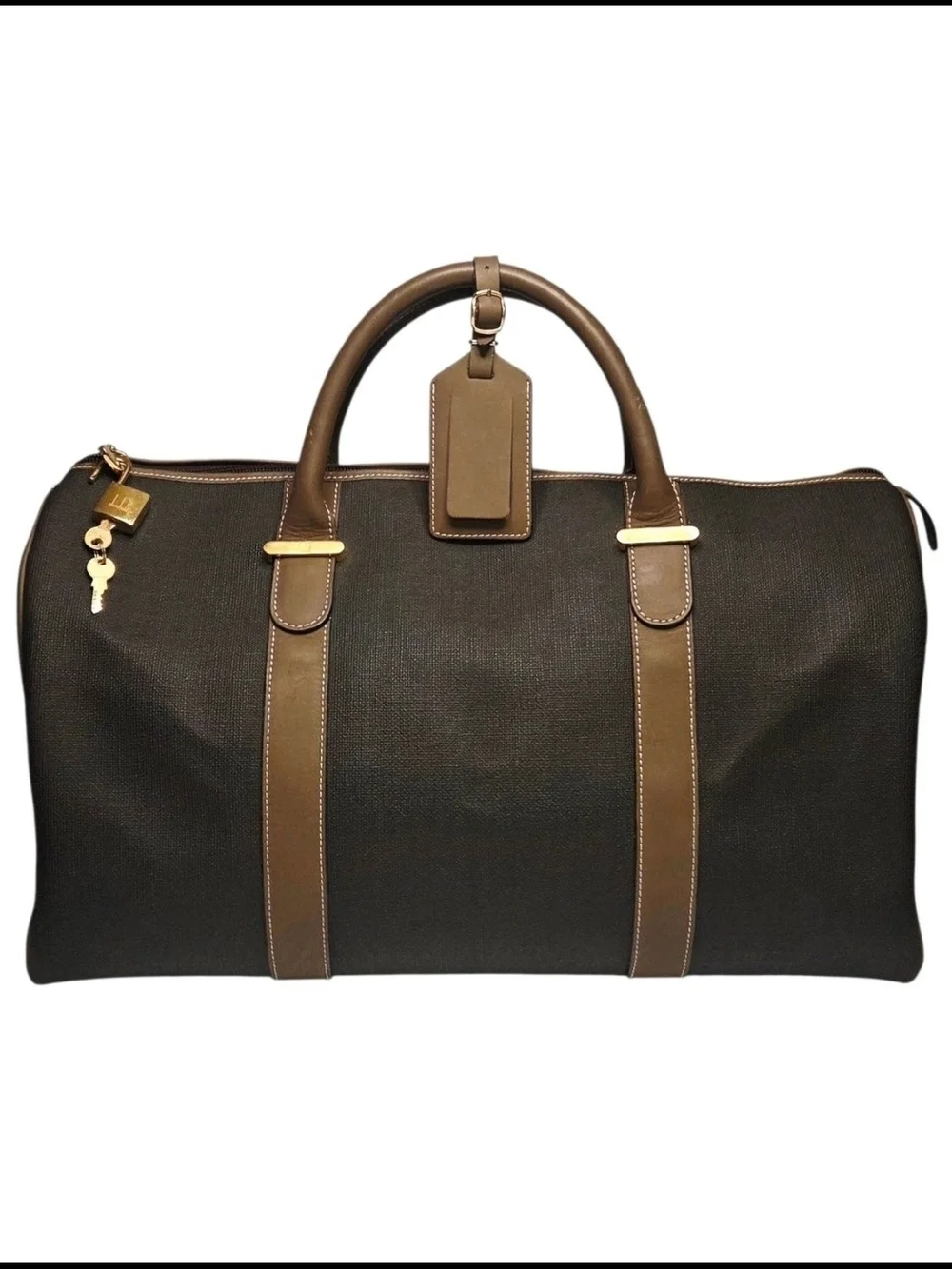 DUNHILL NWOT Men's Canvas & Leath Boston Duffle Bag + Brass Lock & Keys & ID Tag